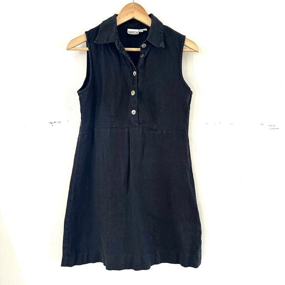 Match‎ Made In USA 100% Linen Black Collared Mini Dress 90s Style Size 6 Petite - Picture 1 of 7